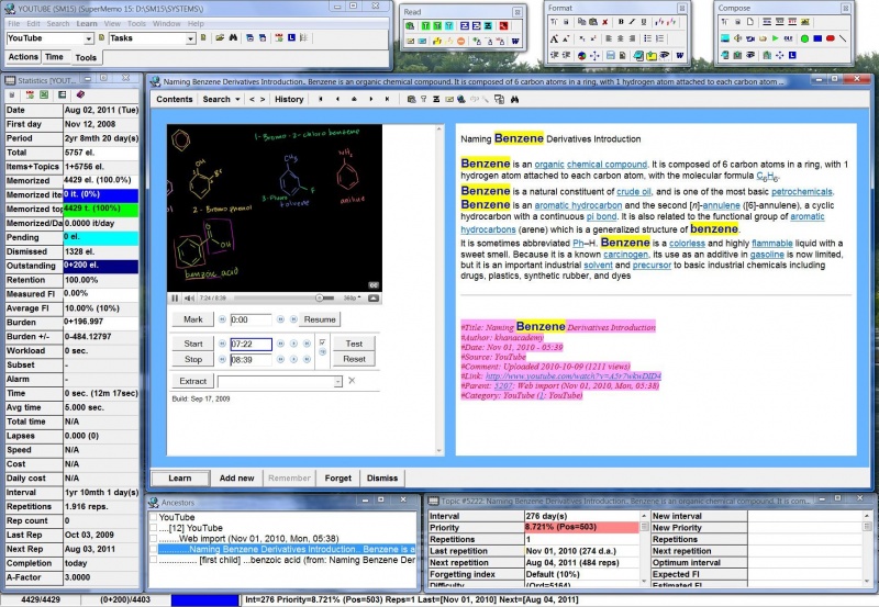 SuperMemo: The main program windows (toolbar dock, statistics window, element window, Ancestors window, and element data window) and toolbars (docked Actions, Time, Tools (active) and floating Format, Read, Compose) at the Professional level