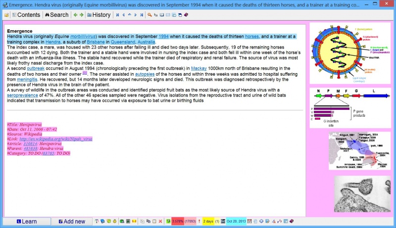 SuperMemo: A topic about henipavirus in the HTML component on the left and 4 images taken from it with Download images (Ctrl+F8) in their individual image components on the right