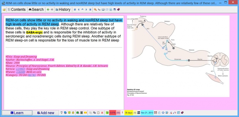 SuperMemo: References help you quickly recover the context of a given element as well as track its source and build a list of citations (in the picture: blue marks an incremental reading extract, yellow marks a search string (i.e. GABA-ergic), while pink marks the reference field, which will propagate to all children elements (extracts and clozes))