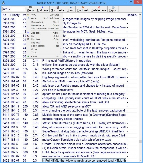SuperMemo: Tasklist manager displaying the SuperMemo 17 implementation list where individual to-do tasks are sorted by their priority as determined by the ratio of the value of a given task divided by the time necessary to complete it