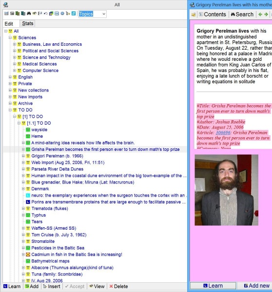 SuperMemo: The contents window displaying the knowledge tree (i.e. the hierarchical structure of elements) of a collection