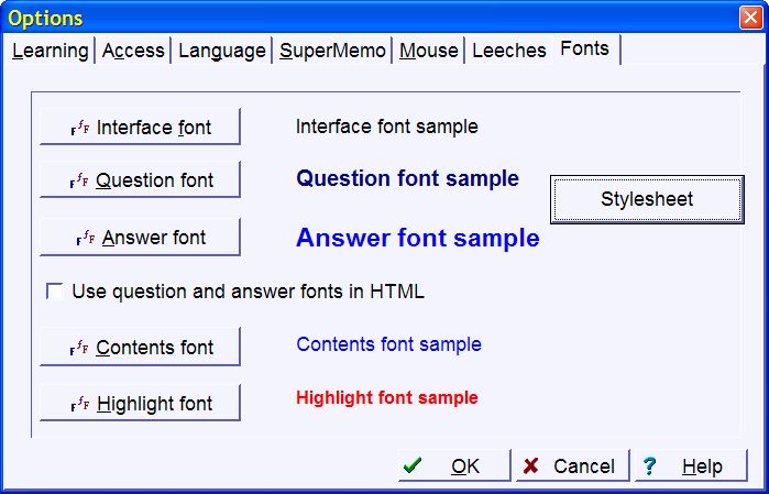 SuperMemo: Tools : Options : Fonts tab